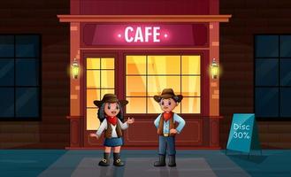 le cow-boy africain et la cow-girl devant le café vecteur