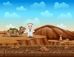 garçons arabes avec des chameaux dans le paysage de la terre ferme vecteur