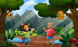dessin animé de lion et d'ours vêtu d'un vêtement dans la jungle vecteur