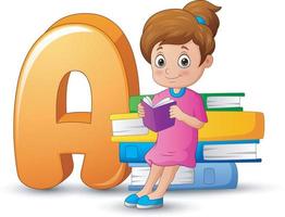 illustration de l'alphabet a avec une fille appuyée contre la pile de livres vecteur