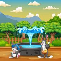 lapins heureux de dessin animé debout près de la fontaine vecteur