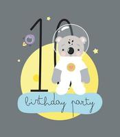 fête d'anniversaire, carte de voeux, invitation à une fête. illustration pour enfants avec un joli koala cosmonaute et une inscription dix. illustration vectorielle en style cartoon. vecteur