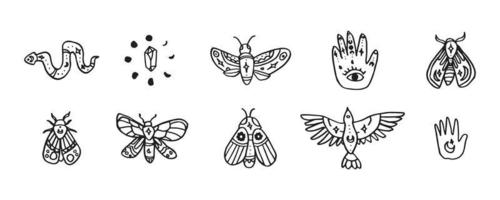 illustration dessinée à la main de style bohème. ensemble de doodle mystique pour la conception de tatouage. icônes de logo dans le style de tarot. illustration vectorielle abstraite.