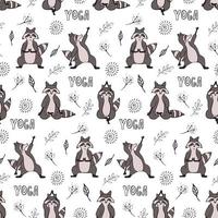 modèle sans couture de vecteur de raton laveur dessiné à la main. papier peint graphique à la mode, arrière-plan, tissu et conception d'impression textile. mignon personnage animal de la faune dans le yoga asana.
