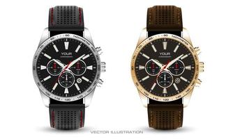 montre réaliste horloge chronographe argent or bracelet en cuir noir marron collection sur blanc design classique luxe vecteur