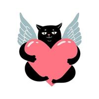 ange cupidon chat noir avec coeur vecteur