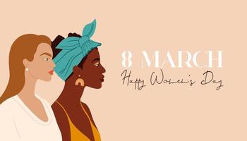 8 mars, journée internationale de la femme. portraits de filles. féminisme, mouvement d'autonomisation des femmes et conception de concept de fraternité. vecteur