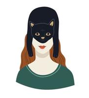 chat noir sur la tête de la fille. heureux propriétaires d'animaux. illustration de conception de personnage de vecteur mignon