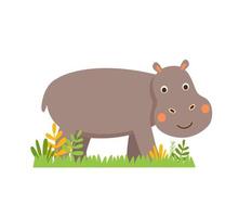 mignon petit hippopotame vectoriel en style cartoon isolé sur fond blanc. bébé hippopotame se dresse dans l'herbe verte