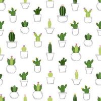 vecteur transparente motif tropical avec des cactus en fleurs lumineux et drôles dessinés à la main dans un style dessin animé dans des pots de fleurs sur fond blanc