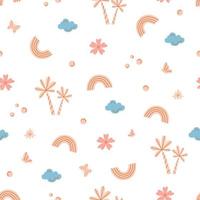 joli motif tropical avec des palmiers, des arcs-en-ciel, des nuages et des fleurs dessinés dans des couleurs pastel sur fond blanc. belle illustration vectorielle pour le textile pour enfants, le papier d'emballage ou l'impression sur n'importe quelle surface vecteur