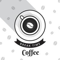 illustration vectorielle d'une heure de café, illustration de pause-café en couleur noire. tasse de café et grains de café vecteur