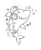requin de dessin animé mignon appréciant la musique via le casque. illustration de clipart vectoriel