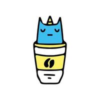 chat licorne et café, illustration pour t-shirt, autocollant ou marchandise vestimentaire. avec un style doodle, rétro et dessin animé. vecteur