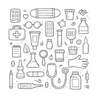 ensemble d'objets, d'éléments et d'objets médicaux dessinés à la main. journée internationale des infirmières. symboles vectoriels isolés sur fond blanc. vecteur