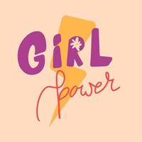 affiche de slogan manuscrit girl power. citation de féminisme de motivation avec élément de foudre et de fleur. lettrage rétro coloré moderne. vecteur