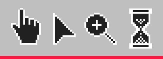flèche noire et blanche, main, loupe et icônes de curseur de souris pixel sablier ensemble d'illustrations vectorielles vecteur