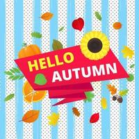 bonjour automne vecteur bannière ou affiche dégradé plat style design illustration vectorielle. énorme ruban rouge avec texte, feuilles colorées, citrouille, tournesol, tarte et maïs isolés sur fond amusant.