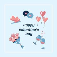 une collection d'éléments d'illustration de la saint-valentin, des verres de vin, des coeurs, des bouquets, des boules, un message d'amour et des chocolats vecteur