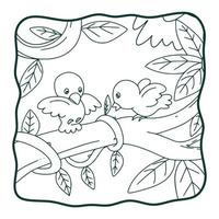 illustration de dessin animé deux oiseaux sont sur un tronc d'arbre livre de coloriage ou page pour les enfants en noir et blanc vecteur