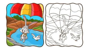 illustration de dessin animé lapin parachutisme avec un livre de coloriage de colombe ou une page pour les enfants vecteur