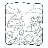 illustration de dessin animé chenille sur les champignons et les feuilles livre de coloriage ou page pour les enfants en noir et blanc vecteur