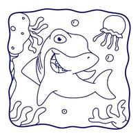 dessin animé illustration requins et méduses nageant livre de coloriage ou page pour enfants noir et blanc vecteur