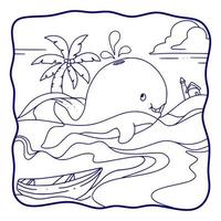 illustration de dessin animé baleine nage dans la mer et jaillit de l'eau au-dessus de sa tête livre de coloriage ou page pour enfants noir et blanc vecteur