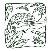 illustration de dessin animé caméléon sur un tronc d'arbre livre de coloriage ou page pour les enfants en noir et blanc vecteur