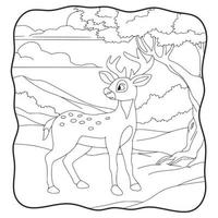 illustration de dessin animé cerf marchant sous le livre ou la page des arbres forestiers pour les enfants en noir et blanc vecteur