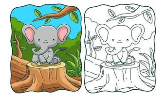 dessin animé illustration éléphant assis sur un arbre qui a été coupé livre de coloriage ou page pour les enfants vecteur