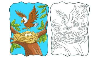 illustration de dessin animé l'aigle perché sur son nid dans le livre ou la page de l'arbre pour les enfants vecteur