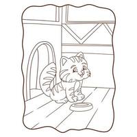 illustration de dessin animé le chat se prépare à manger avec son livre d'assiettes ou sa page pour les enfants en noir et blanc vecteur