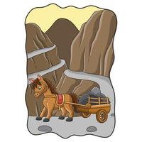 illustration de dessin animé un cheval portant une charrette remplie de pierres à travers la route près du ravin vecteur