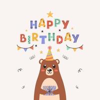 adorable ours en peluche tenant une boîte-cadeau dans ses pattes. carte d'anniversaire colorée avec lettrage sur fond pastel. façon scandinave. illustration vectorielle vecteur