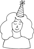 jeune femme dans un chapeau de fête. faire un vœu pour ton anniversaire. icône dessinée à la main. modèle de carte. monochrome. minimalisme. vecteur