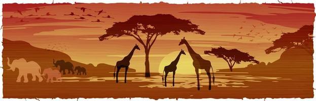 paysage de savane africaine au coucher du soleil, silhouettes d'animaux et de plantes, nature de l'afrique. réserves et parcs nationaux, fond de batik vectoriel