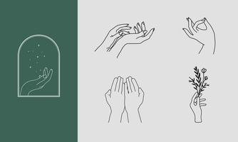 un ensemble de collections d'icônes de main de femme dans un style linéaire minimal. modèles de conception de logo vectoriel avec différents gestes de la main, cristal. pour les cosmétiques, la beauté, le tatouage, le spa, le féminin, la bijouterie
