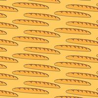 un modèle d'une baguette. modèle sans couture d'une longue baguette jaune dessinée dans un style doodle disposée au hasard sur un fond beige pour un modèle de boulangerie vecteur