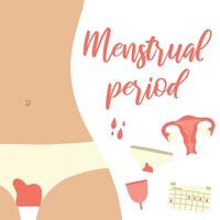 menstruations féminines. les femmes avec un tampon de produit menstruel et d'hygiène, des serviettes hygiéniques et une coupe menstruelle. période de menstruation, illustration de tampon accessoire menstruel.