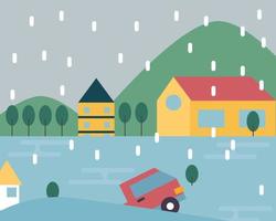 concept de catastrophe naturelle d'inondation. voiture flottant dans l'eau. climat pluvieux. style de vecteur de dessin animé pour votre conception
