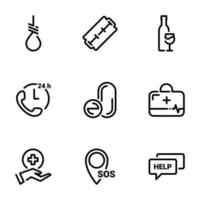 ensemble d'icônes vectorielles noires, isolées sur fond blanc. illustration sur un thème aide et sauvetage des personnes souffrant de toxicomanie, alcoolique. aide psychologique et médicale vecteur