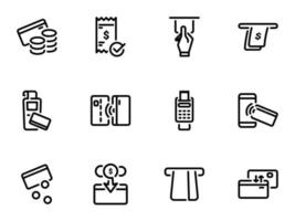 ensemble d'icônes vectorielles noires, isolées sur fond blanc. illustration sur un thème paiements par carte et espèces vecteur