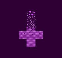 coeur avec signe plus, logo pixel dots. symboles de premiers secours, de pharmacie et de soins de santé. coeur signe pixel vers le haut. les cœurs sont remplis d'un signe d'intérêt. mouvement de pixel complémentaire et intégratif. vecteur