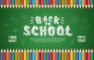 bienvenue à l'arrière-plan de l'école avec des crayons de couleur, concept de bannière d'éducation avec conception de lettrage de retour à l'école vecteur