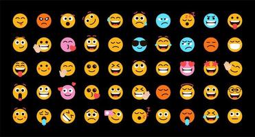 des émoticônes mignonnes font face à un ensemble de vecteurs de sentiment pour la publication et la réaction sur les réseaux sociaux. emoji drôle avec des expressions faciales. illustration vectorielle vecteur