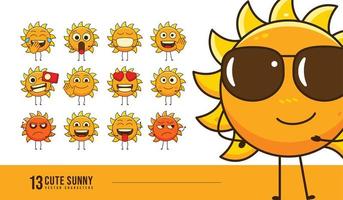 ensemble de vecteurs de personnages de soleil mignons, expression faciale d'émoticônes de soleil pour la publication et la réaction sociales, illustration de dessin animé de soleil dans différentes poses vecteur