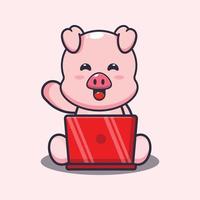 cochon mignon avec illustration vectorielle de dessin animé pour ordinateur portable vecteur