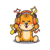 mignon tigre écoutant de la musique avec illustration vectorielle de dessin animé de casque vecteur