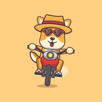 personnage de mascotte de dessin animé de chien shiba inu cool dans des lunettes de soleil faire de la moto en journée d'été vecteur